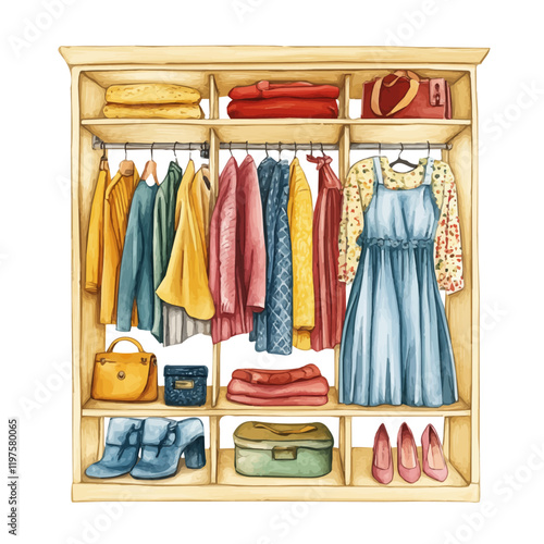 A watercolor drawing of a wardrobe filled with chic clothing, isolated on a white background. Wardrobe vector.
