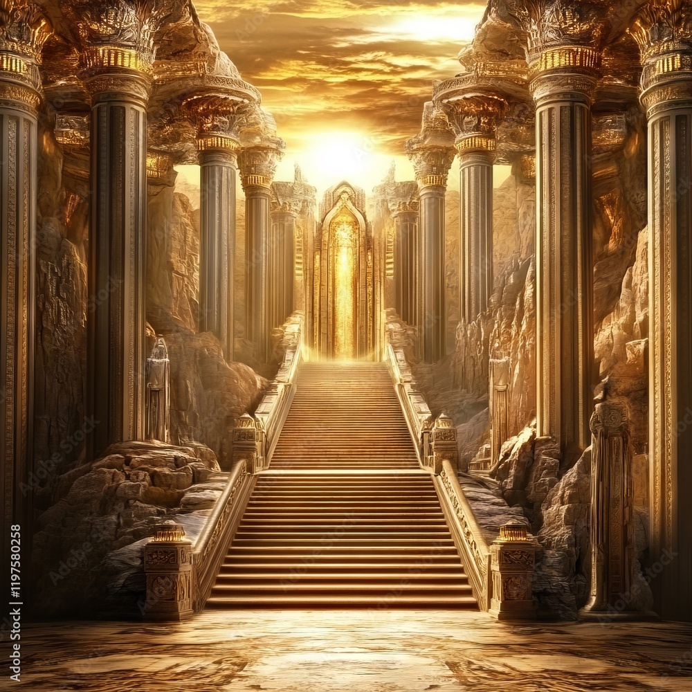 Obraz premium Golden Staircase Leading to a Doorway in a Classical Structure