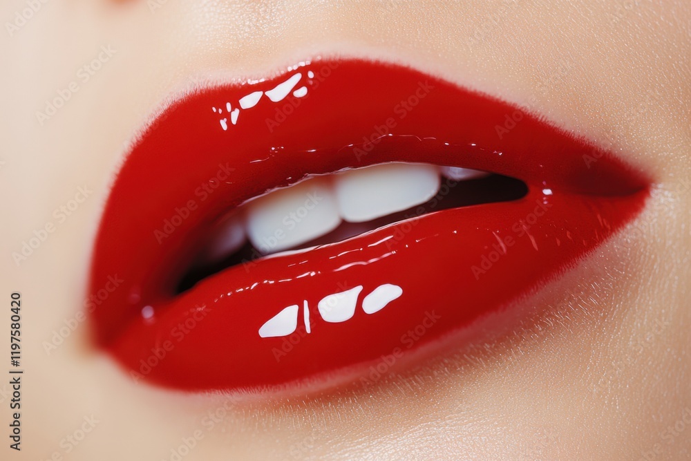 Obraz premium Luscious red lips showcasing glossy finish and perfect smile in close-up capturing beauty and elegance