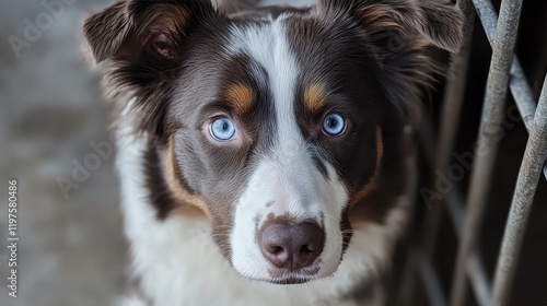 Adventurous dog with striking blue eyes looking curiously at the camera in a cozy indoor setting photo