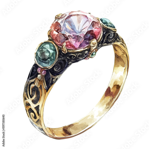 A watercolor of a vintage ring, isolated on a white background. Vintage ring vector.
