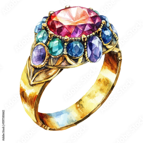 A watercolor of a vintage ring, isolated on a white background. Vintage ring vector.
