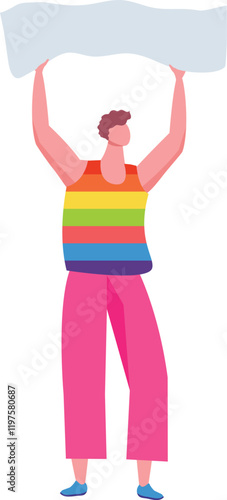 Young man wearing rainbow striped t shirt and pink pants holding blank banner supporting LGBTQ plus community at pride parade promoting equal rights and diversity