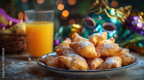 Mardi Gras beignets, orange juice, party photo