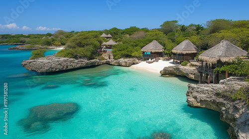 Tropical Lagoon with Turquoise Waters and Secluded Beach Huts Surrounded by Lush Greenery
