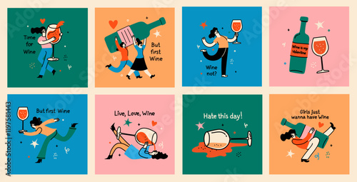Groovy hand drawn cards with wine bottle and wine glass illustrations with funny quotes . Art for greeting cards, wedding invitations, poster design, postcards, branding, logo design, background.