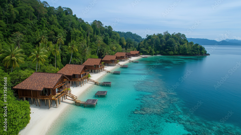 Tropical Lagoon with Turquoise Waters and Secluded Beach Huts Surrounded by Lush Greenery Tropical Lagoon with Turquoise Waters and Secluded Beach Huts Surrounded by Lush Greenery