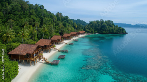 Tropical Lagoon with Turquoise Waters and Secluded Beach Huts Surrounded by Lush Greenery