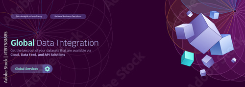 Global data integration, global data network connection banner, wireframe connected dots, fractals for worldwide business intelligence and AI, floating cubes floating inside a sphere, problem framing