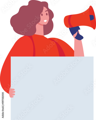 Smiling activist holding blank banner and speaking into megaphone during protest meeting or demonstration for human rights, women's rights or political rally
