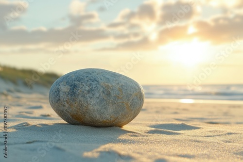 Smooth rock rests on sandy beach at sunset near ocean waves photo