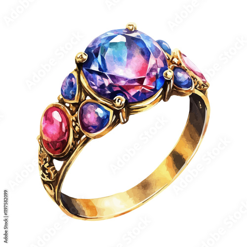 A watercolor of a vintage gemstone ring, isolated on a white background. Vintage gemstone ring vector.
