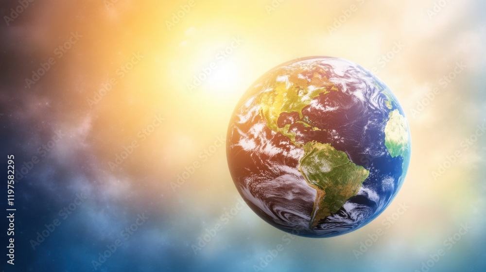 Naklejka premium A stunning view of Earth from space, showcasing vibrant continents and swirling clouds, illuminated by a warm, golden sunlight.