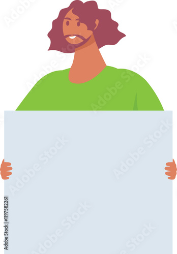 Young man with curly hair and beard is holding blank banner and participating in picket, fighting for human rights, taking part in parade, supporting social movement