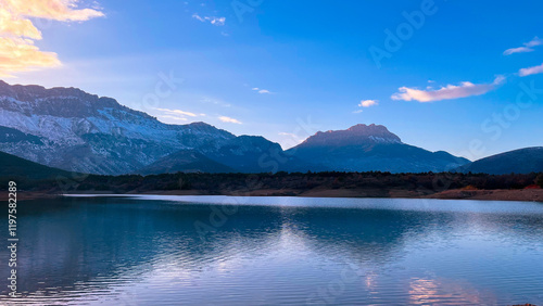 A lake in Turkey, beautiful nature landscape weather, Taurus mountains and the lake at sunset, a winter landscape in blue tones, Konya, Turkey, Travelling concept backround,  photo