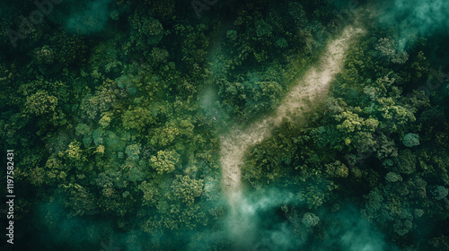 Aerial View of Lush Green Forests and Meandering River in Misty Tropical Landscape