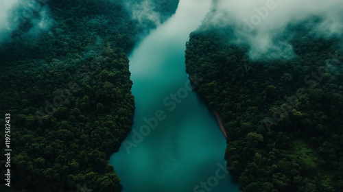 Aerial View of Lush Green Forests and Meandering River in Misty Tropical Landscape