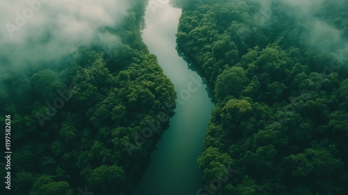 Aerial View of Lush Green Forests and Meandering River in Misty Tropical Landscape