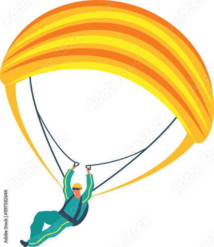 Skydiver wearing sunglasses and protective suit flying with yellow and orange parachute gliding through the air on a sunny day enjoying extreme sport activity