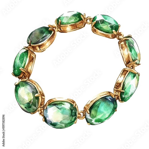 A watercolor of a vintage-inspired emerald bracelet, isolated on a white background. Vintage-inspired emerald bracelet vector.
