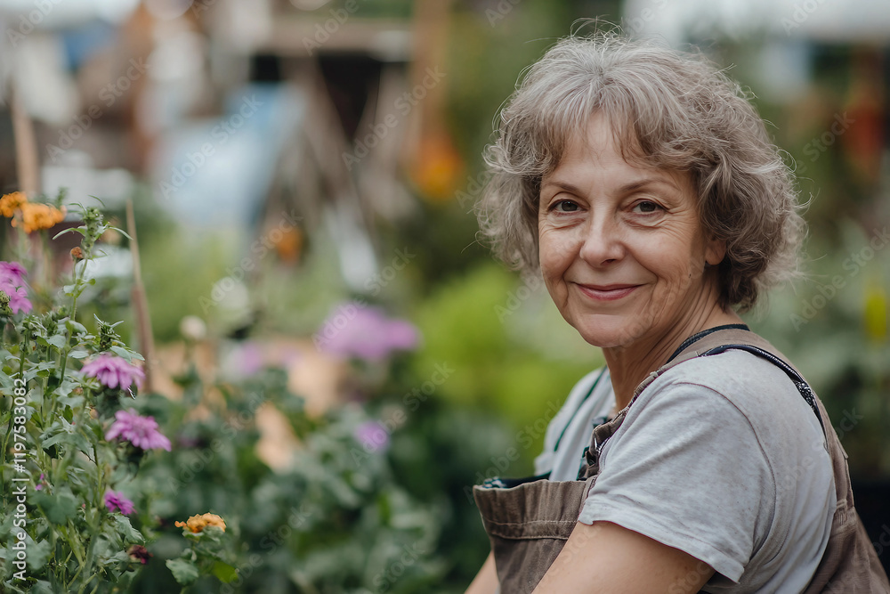 Fototapeta premium Image of smiling woman renovate landscape in backyard garden generative ai
