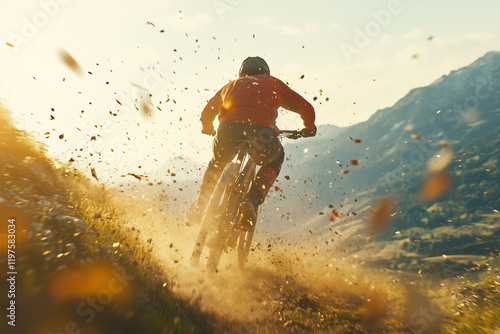 Mountain Biker Kicking Up Dirt on Scenic Trails Under Bright Sunny Skies