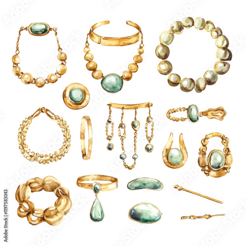 A watercolor painting of a vintage-inspired classic gold jewelry set, isolated on a white background. Vintage-inspired classic gold jewelry set vector.
