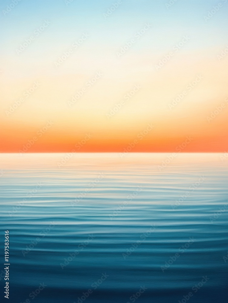 Fototapeta premium Tranquil sunset scene over calm ocean waters, with vibrant sky reflecting on the serene sea, creating a peaceful atmosphere.
