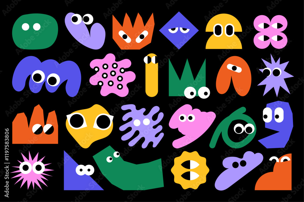 Set of funny and colorful shapes with eyes. Cartoon characters. Emotional forms. Childish vector elements. Doodle art. Set of funny and colorful shapes with eyes. Cartoon characters. Emotional forms. Childish vector elements. Doodle art.