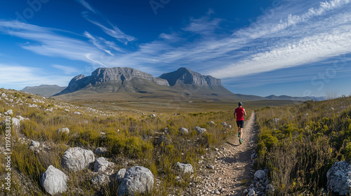 Trail Runner in Stunning Rocky Desert and Canyon Landscapes Under a Vibrant Blue Sky