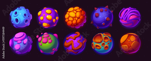 Cartoon alien space planets and stars for galaxy fantasy game, vector icons. Alien space planets with craters, ice and fire lava or colorful stones surface in starry sky for cosmic fantasy and galaxy