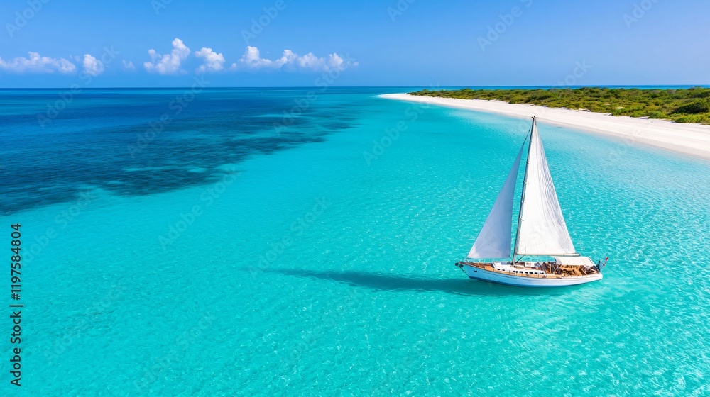 Obraz premium Sailboat on turquoise ocean near white sand beach.