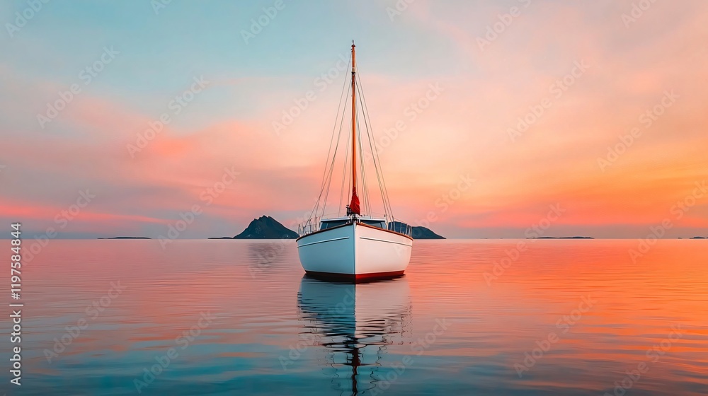 Sailboat at sunset, calm water, islands in background. Sailboat at sunset, calm water, islands in background.