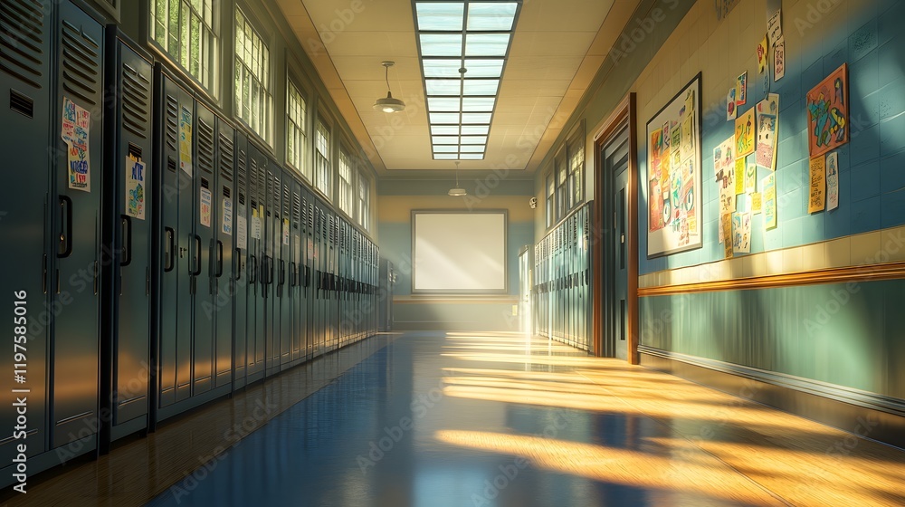 A Tranquil School Hallway with Neatly Closed Lockers and an Expansive Wall for Creative Back-to-School Messaging A Tranquil School Hallway with Neatly Closed Lockers and an Expansive Wall for Creative Back-to-School Messaging