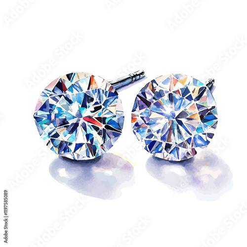 A watercolor vector of timeless diamond earrings, isolated on a white background. Diamond jewelry vector.
