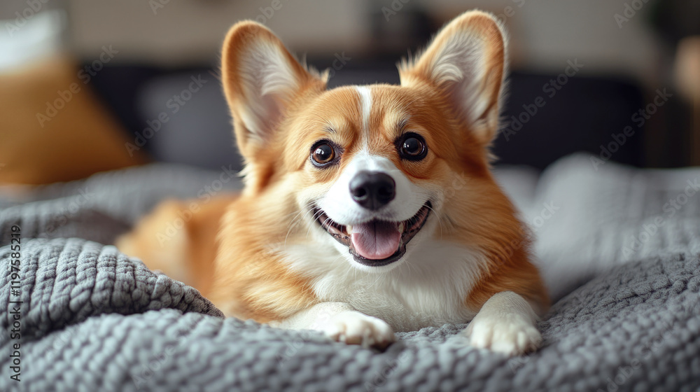 Happy Pembroke Welsh Corgi dog lying on a bed, looking at the camera and smiling. Cute and adorable pet portrait. Happy Pembroke Welsh Corgi dog lying on a bed, looking at the camera and smiling. Cute and adorable pet portrait.