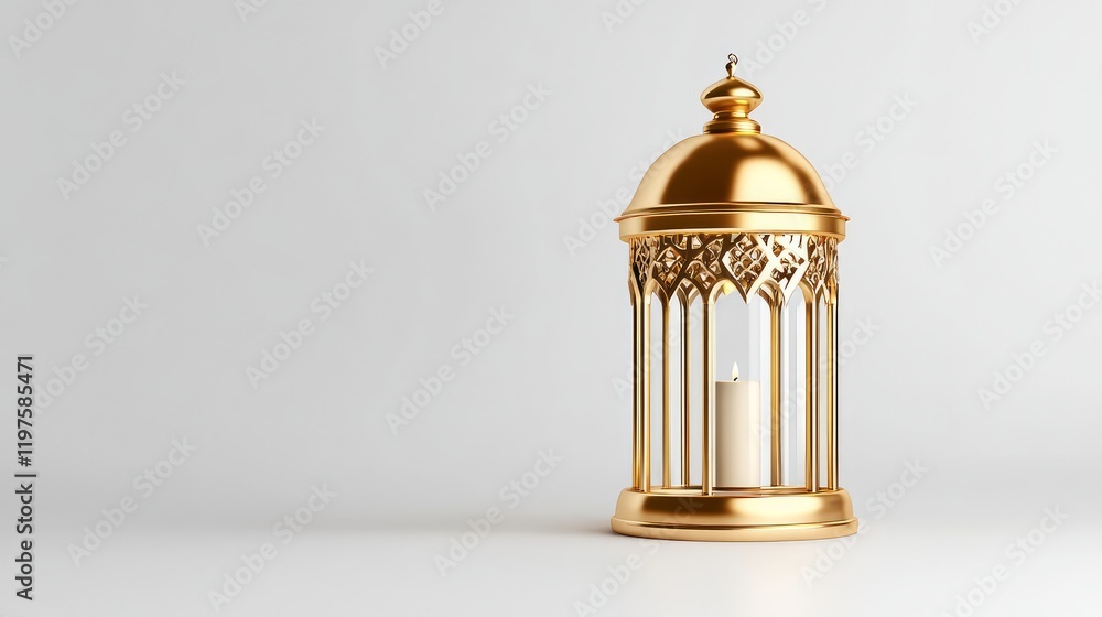 A golden Ramadan lantern with a candle metallic gold fanous design and isolated on a white background A golden Ramadan lantern with a candle metallic gold fanous design and isolated on a white background