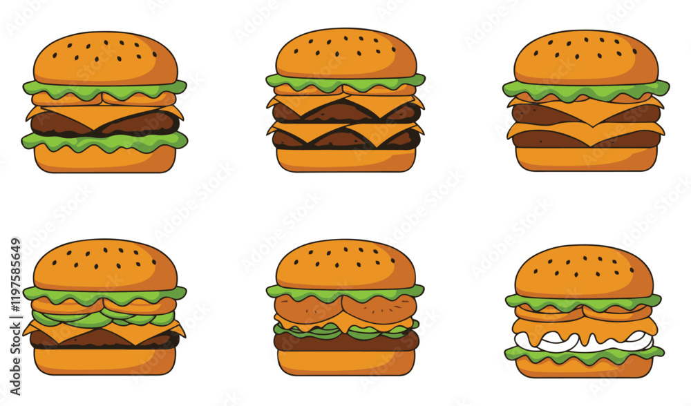 Fast Food Packaging and Delicious Cheeseburger set vector Illustration Iconic Fast Food Cartons Tasty Burgers Food Box Illustration Elements Fast Food Packaging and Delicious Cheeseburger set vector Illustration Iconic Fast Food Cartons Tasty Burgers Food Box Illustration Elements
