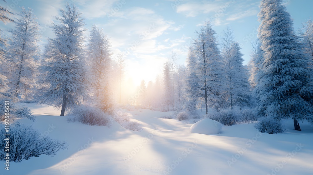 Naklejka premium Enchanting Snow Landscape Featuring a Quiet Forest Isolated on a White Background, Emphasizing the Tranquility and Magic of Winter
