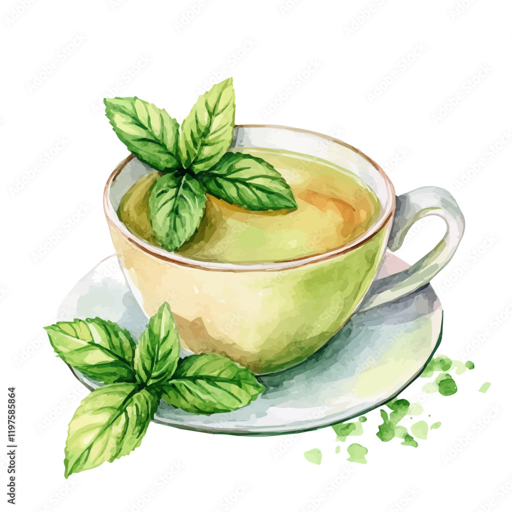 A watercolor of a tea cup with green tea and mint, isolated on a white background. Green tea vector.
A watercolor of a tea cup with green tea and mint, isolated on a white background. Green tea vector.