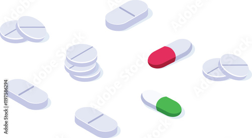 Different kinds of medicine pills and capsules are forming a pattern on a white background, representing pharmaceutical industry and healthcare
