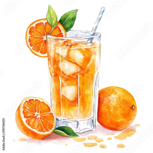 A watercolor of tangerine juice, isolated on a white background. Tangerine juice vector.
