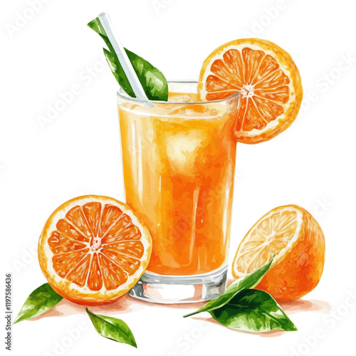 A watercolor of tangerine juice, isolated on a white background. Tangerine juice vector.
