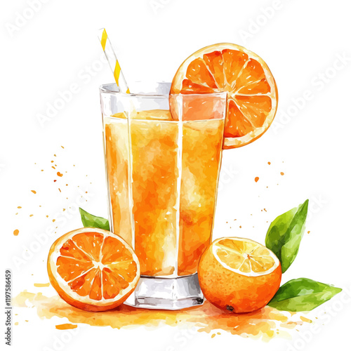 A watercolor of tangerine juice, isolated on a white background. Tangerine juice vector.
