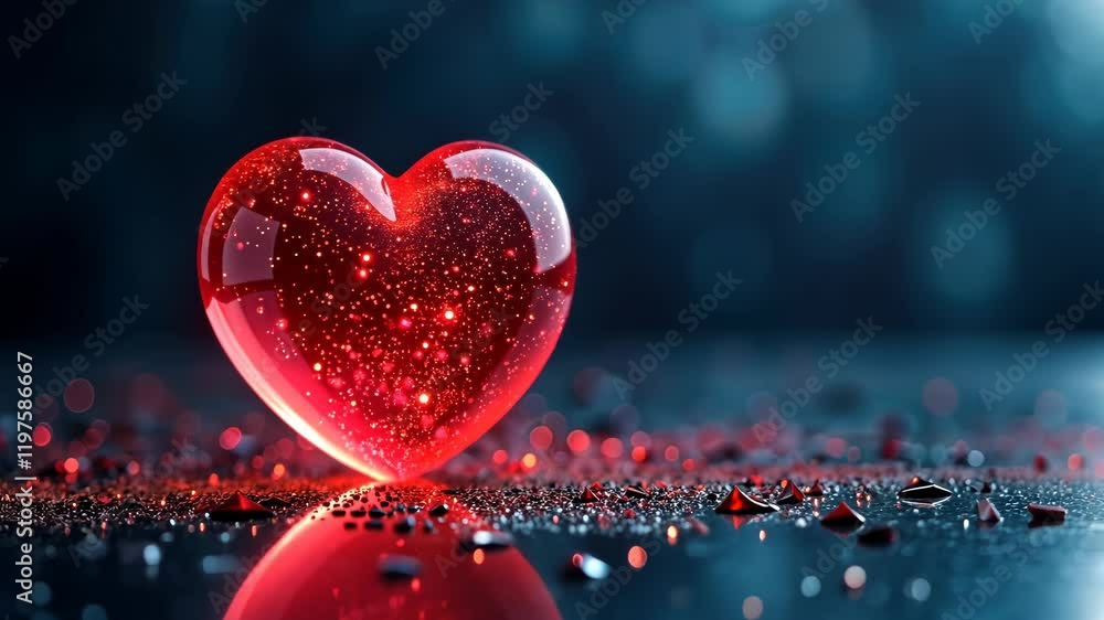 Faceted crystal heart with a red glow, surrounded by soft bokeh lights, creating a warm and romantic atmosphere Faceted crystal heart with a red glow, surrounded by soft bokeh lights, creating a warm and romantic atmosphere