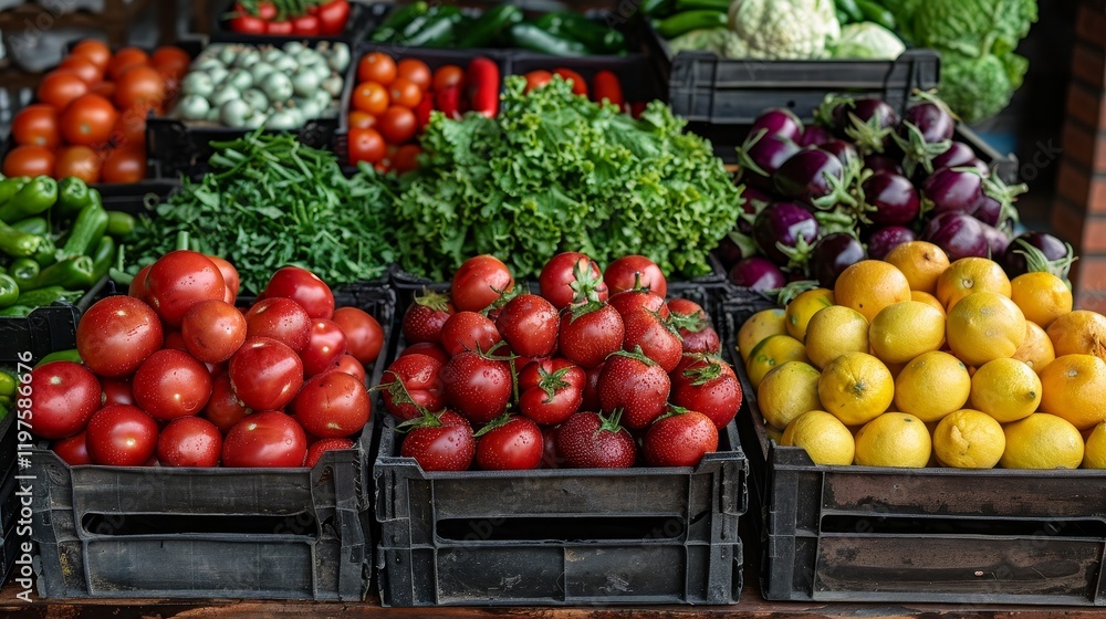 Vibrant assortment of fresh fruits and vegetables displayed from above, celebrating healthy eating Vibrant assortment of fresh fruits and vegetables displayed from above, celebrating healthy eating