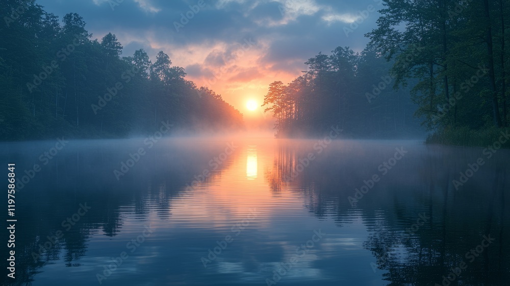 Fototapeta premium A sunrise over a misty lake, with fog clinging to the water, ethereal and serene, lake sunrise