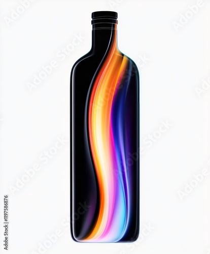 Stylish black bottle with vibrant light trails in orange and blue colors. photo