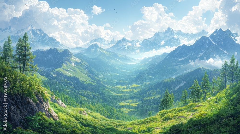 Fototapeta premium A sweeping vista of rolling mountains with forests in the valleys below, lush scenery, mountain range background