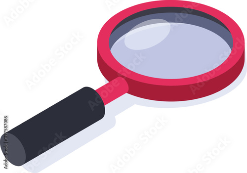 Red magnifying glass featuring a sleek black handle, enlarging an object in isometric view, embodying concepts of search and investigation for research and analysis purposes